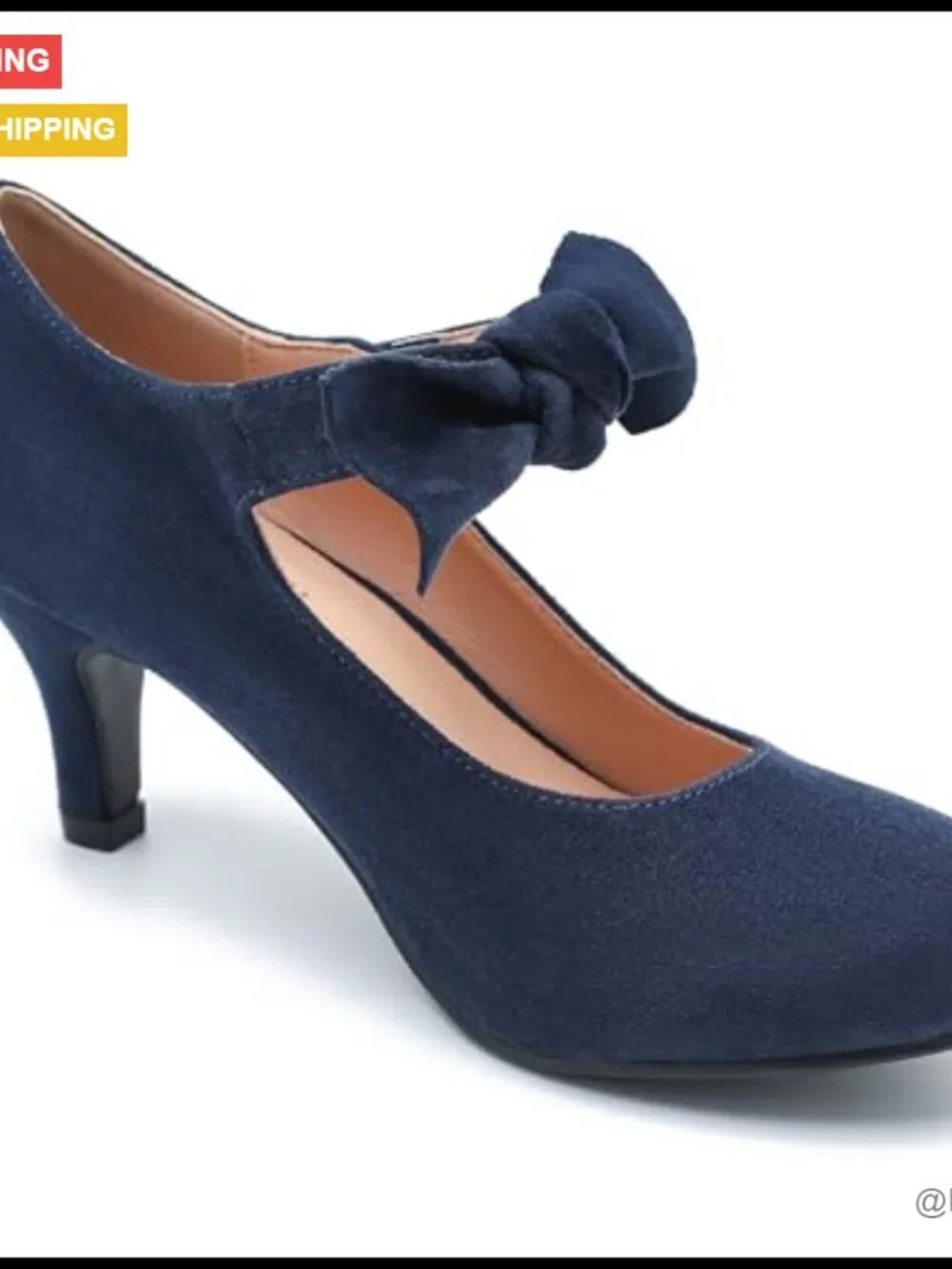 Navy Blue Suede Bow Heels Mary Jane Kitten Heel Pumps Closed Toe